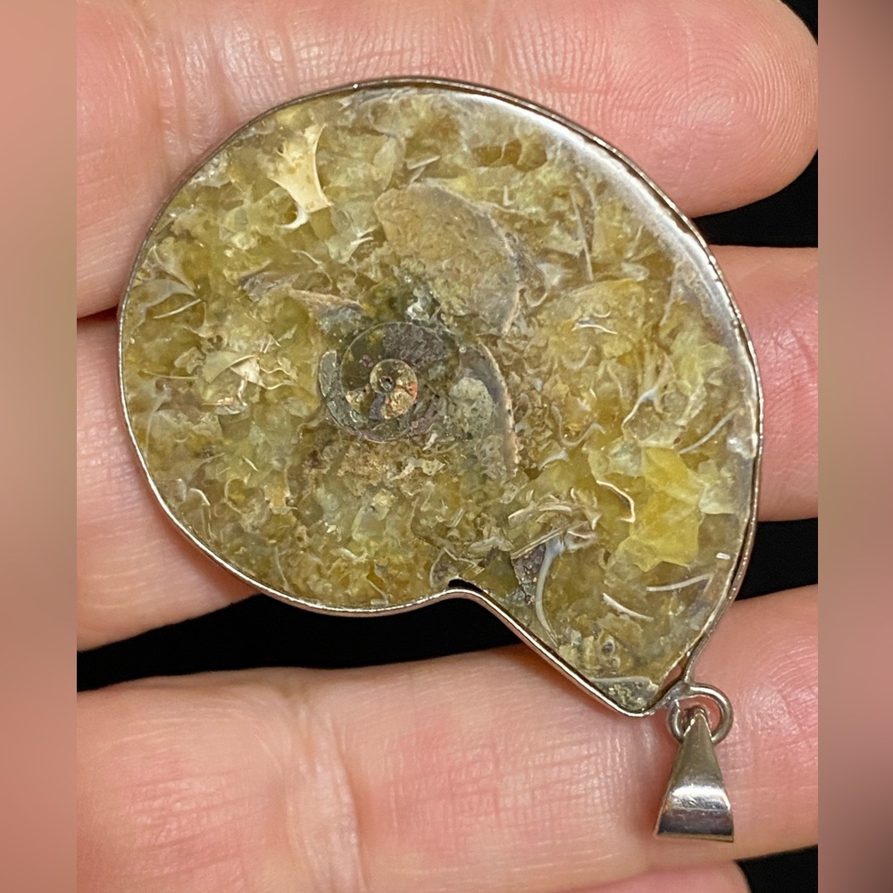 🐚 Fossil Ammonite Pendant –  Silver Bezel